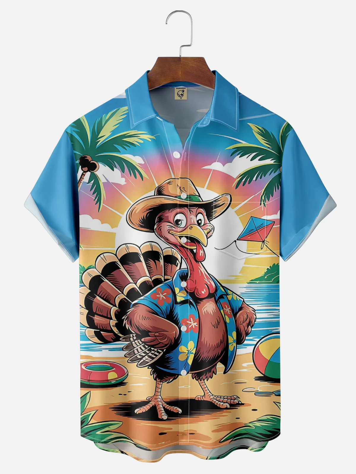 Moisture Wicking Thanksgiving Beach Coconut Tree Turkey Chest Pocket Hawaiian Shirt