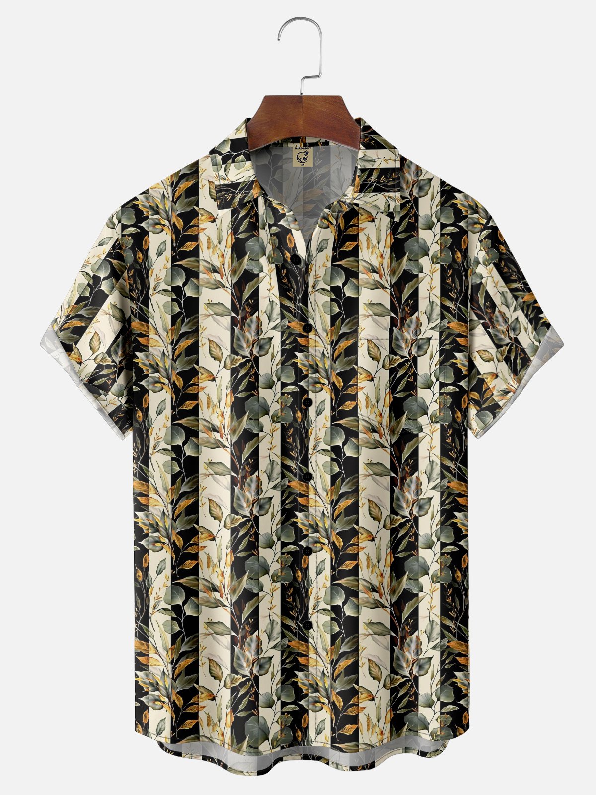 Moisture Wicking Tropical Plant Leaves Geometric Chest Pocket Hawaiian Shirt
