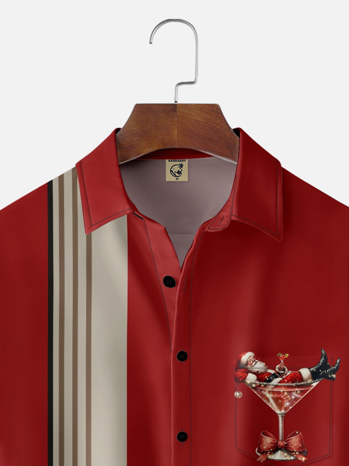 Moisture-wicking Christmas Santa Claus Cocktail Chest Pocket Bowling Shirt