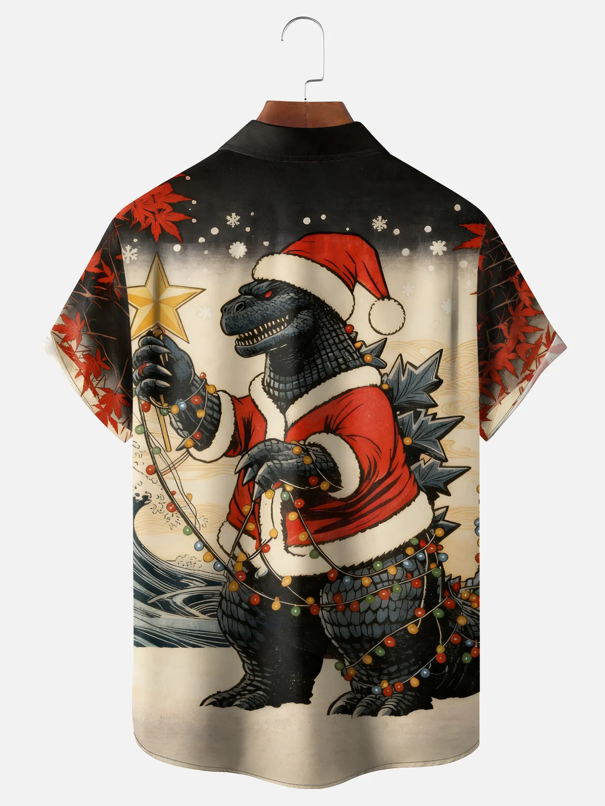 Moisture Wicking Christmas Fun Dinosaur Godzilla Chest Pocket Hawaiian Shirt