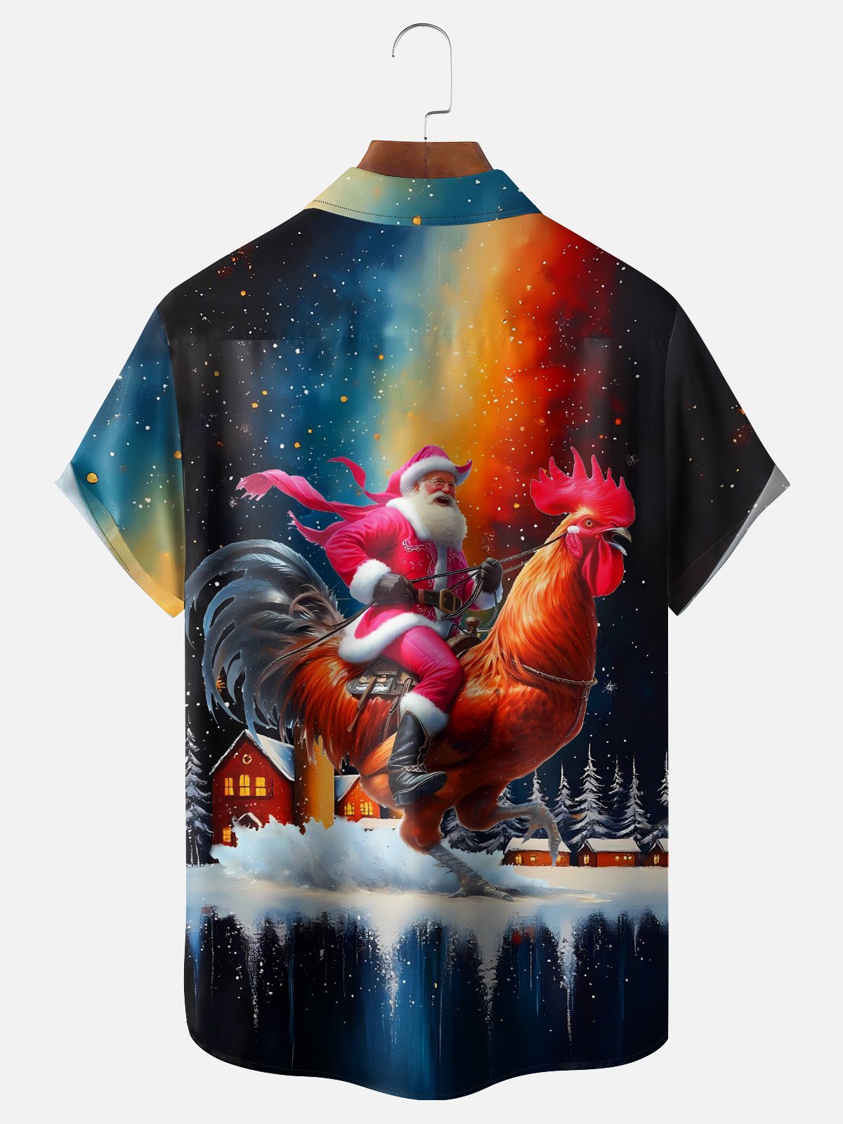 Moisture Wicking Santa Claus Riding A Rooster Chest Pocket Holiday Shirt