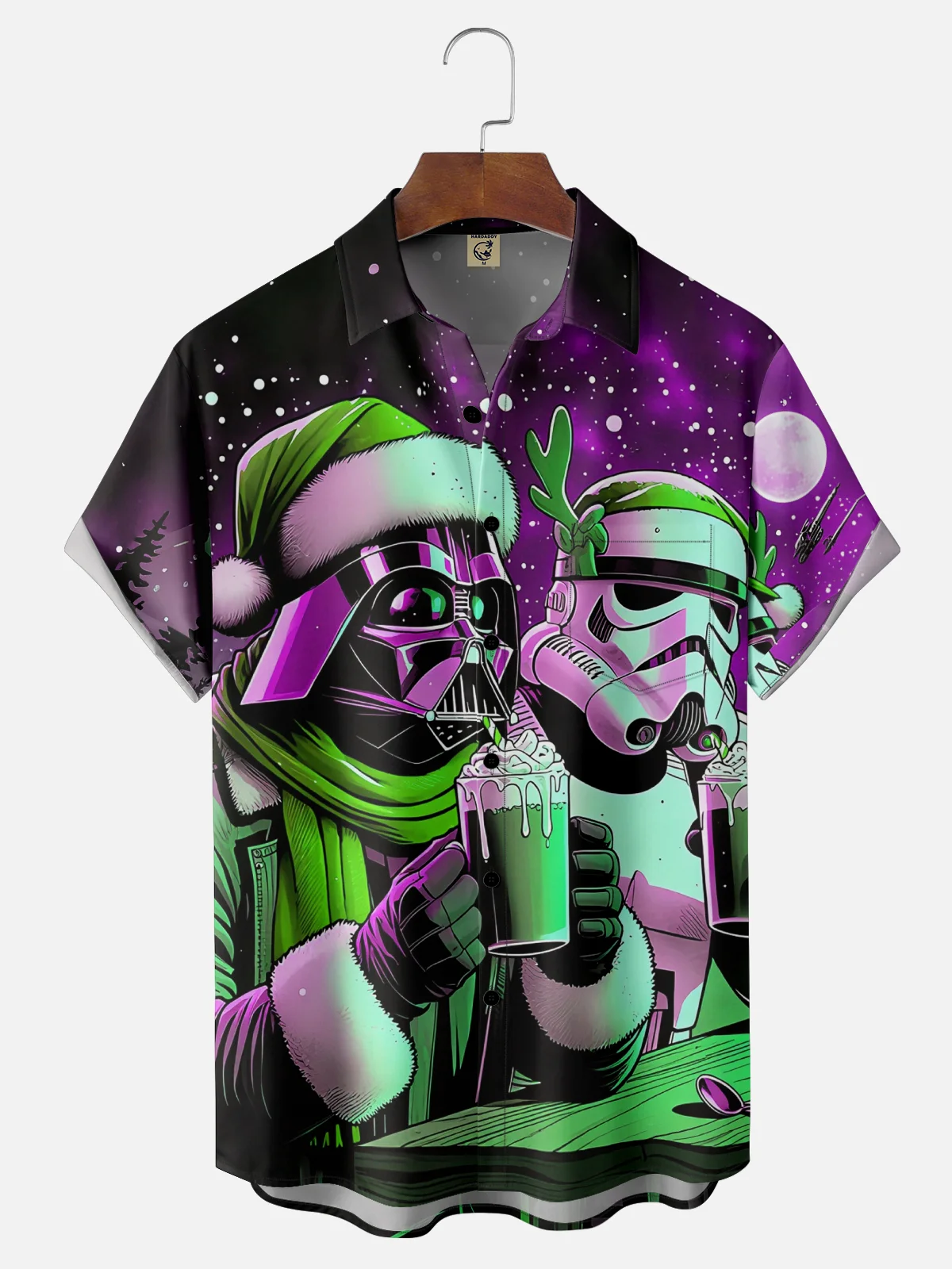 Tall Size Moisture-Wicking Christmas Star Robot Chest Pocket Hawaiian Shirt