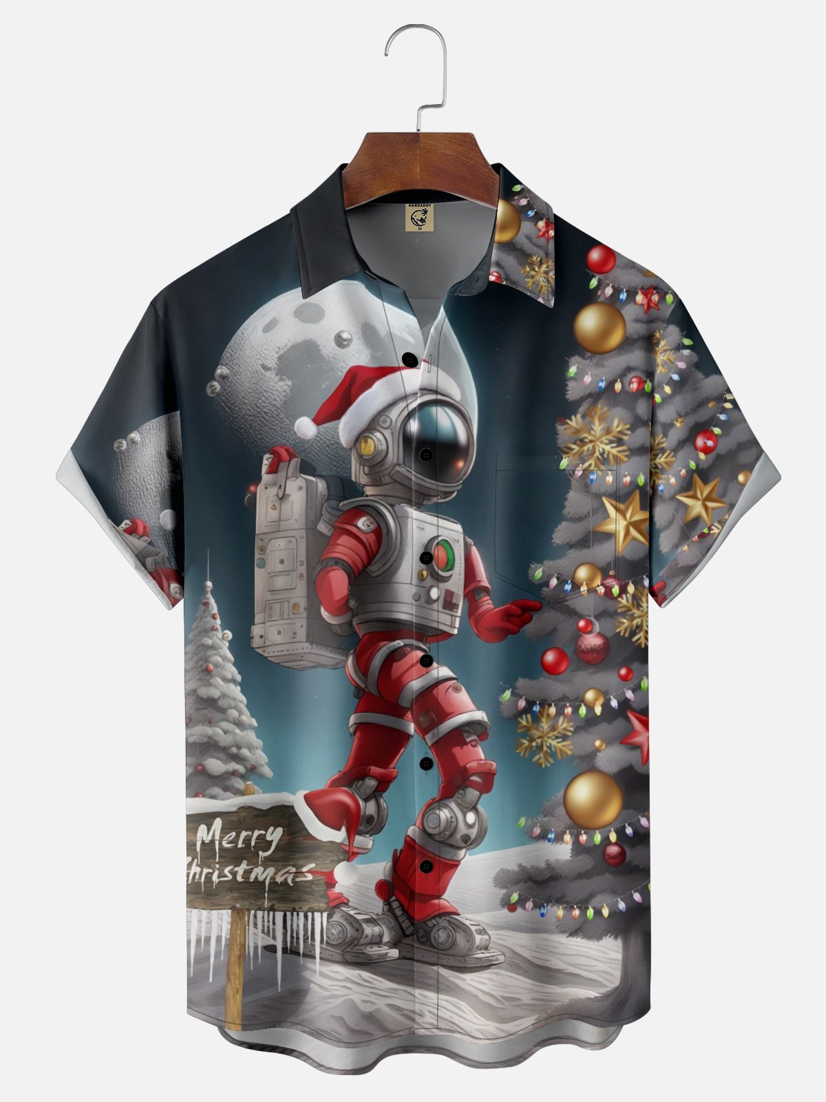 Moisture Wicking Astronaut Christmas Chest Pocket Hawaiian Shirt
