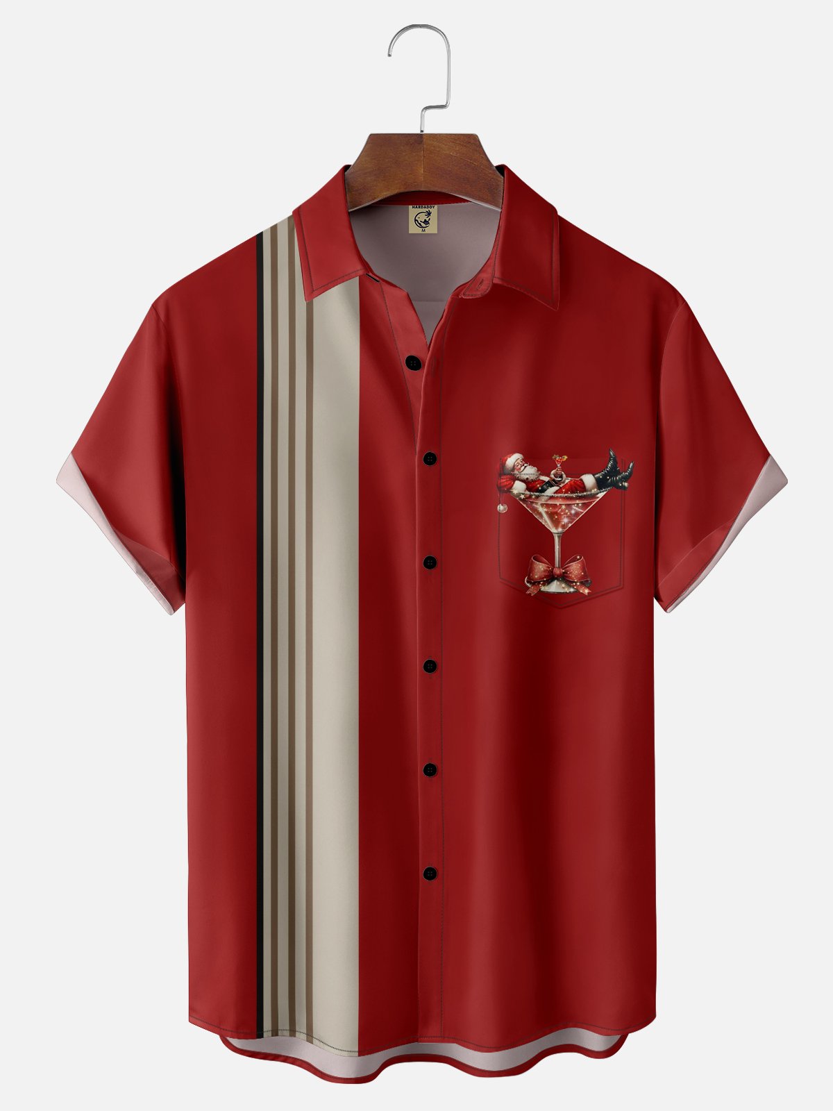 Moisture-wicking Christmas Santa Claus Cocktail Chest Pocket Bowling Shirt
