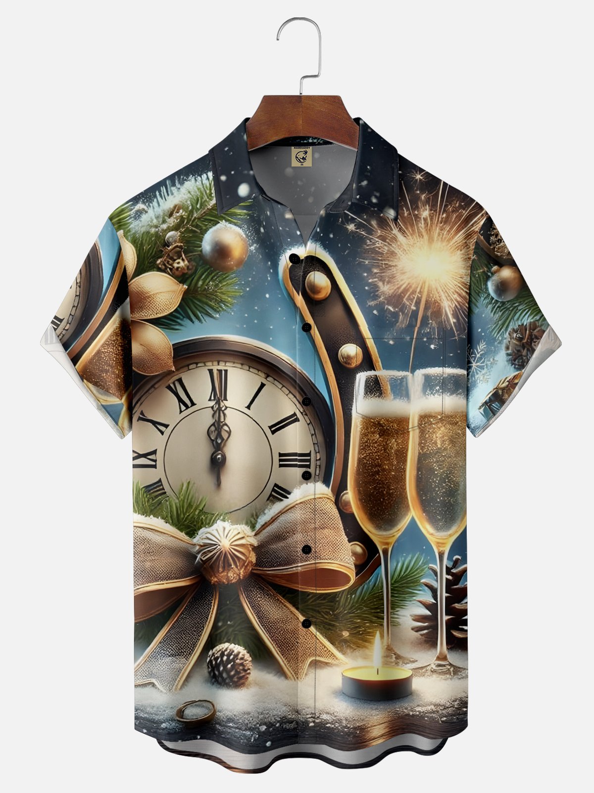 Moisture Wicking Happy New Year Champagne Glass Clock Chest Pocket Holiday Shirt