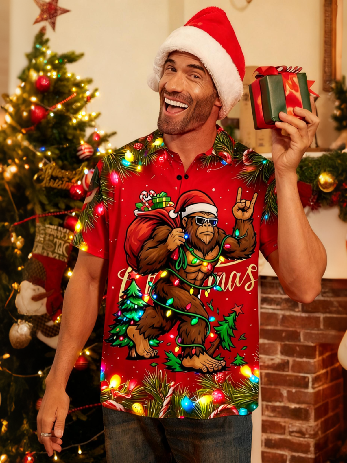 Moisture Wicking Merry Christmas Bigfoot Chest Pocket Hawaiian Shirt