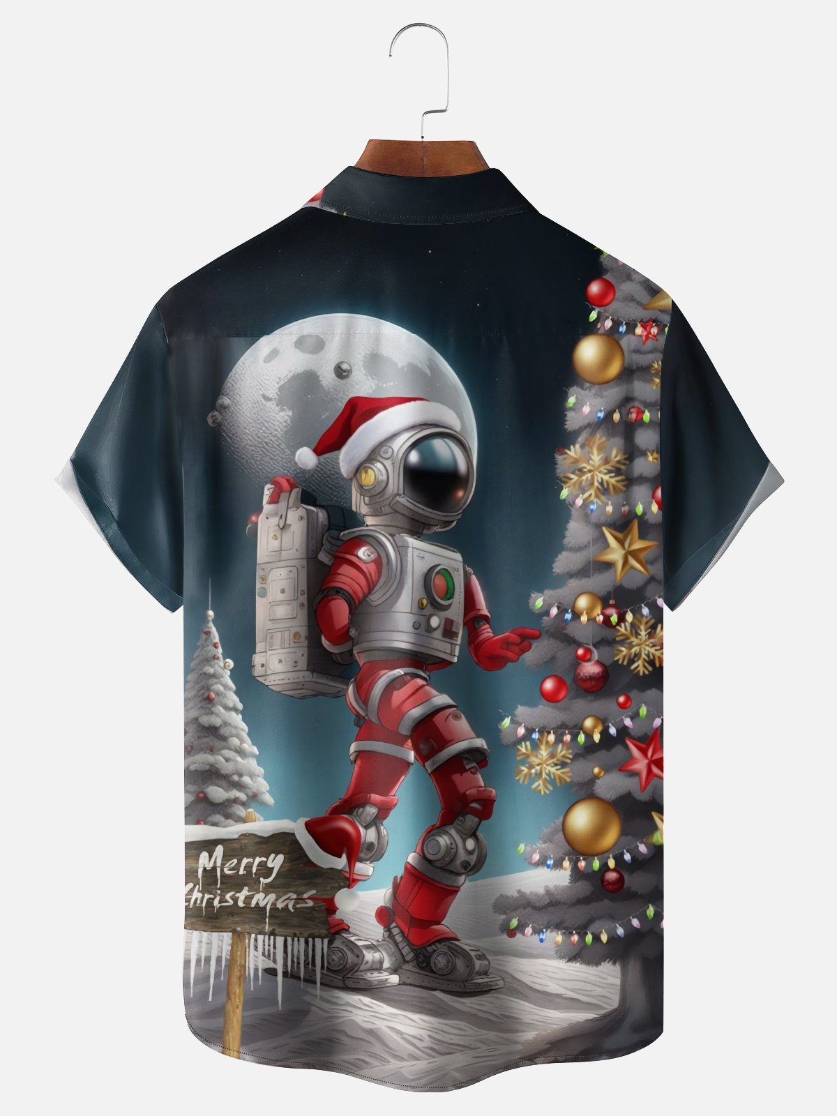 Moisture Wicking Astronaut Christmas Chest Pocket Hawaiian Shirt