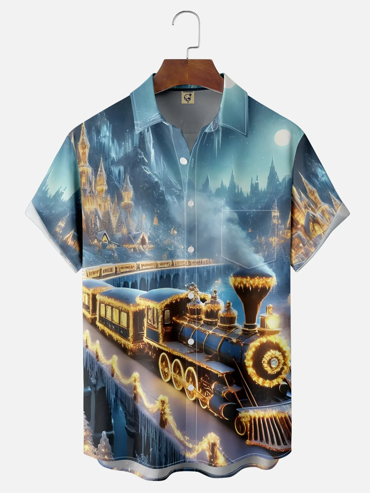 Moisture Wicking Christmas-Themed Train Chest Pocket Hawaiian Shirt