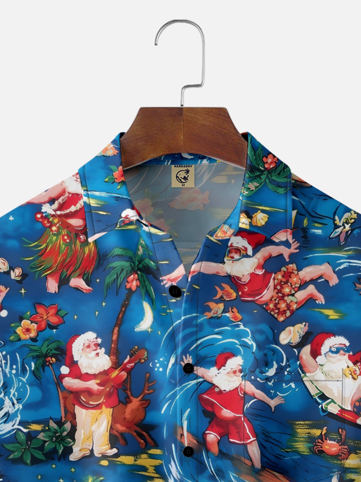 Moisture Wicking Santa Claus Surfing Guitar Coconut Tree Beach Chest Pocket Holiday Shirt