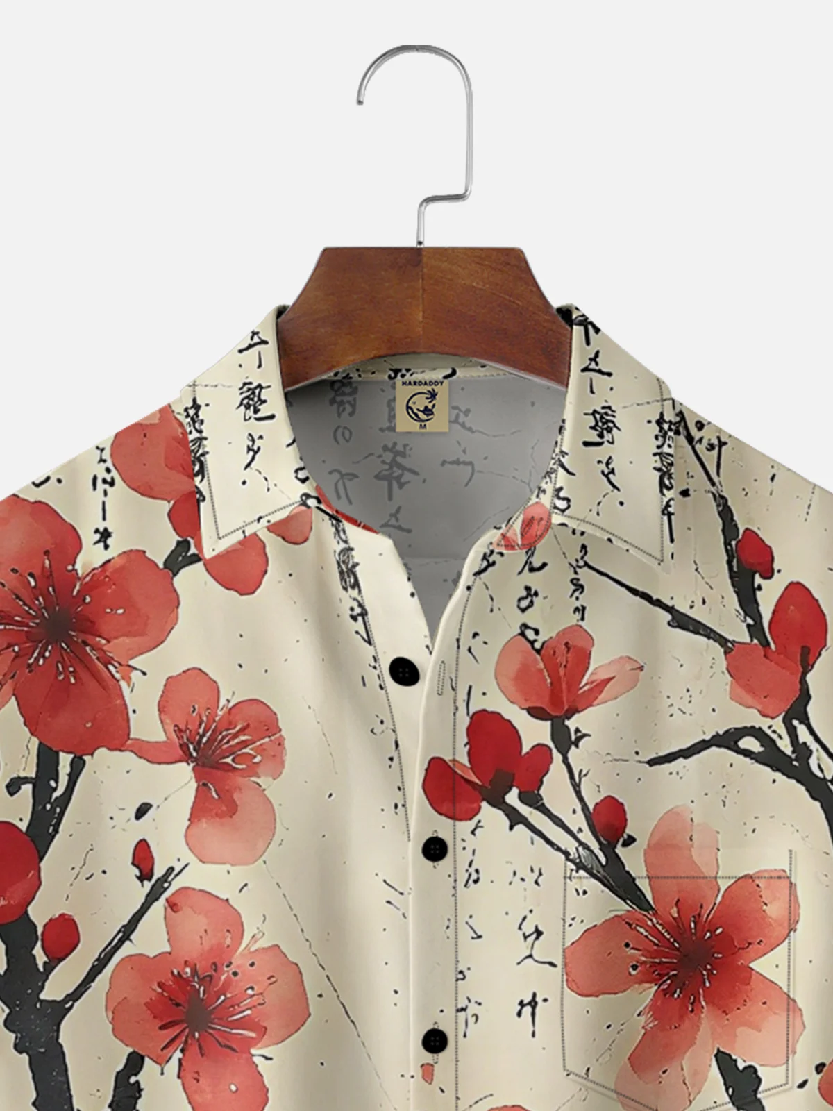 Moisture Wicking Japanese Cultural Abstract Ink Painting Cherry Blossom Chest Pocket Hawaiian Shirt