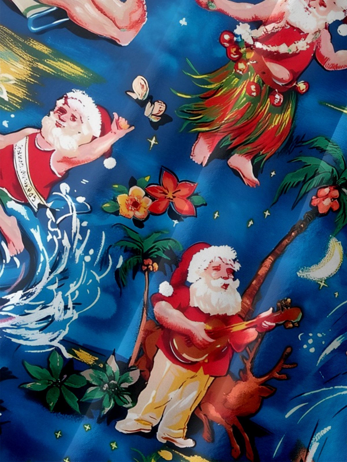 Moisture Wicking Santa Claus Surfing Guitar Coconut Tree Beach Chest Pocket Holiday Shirt