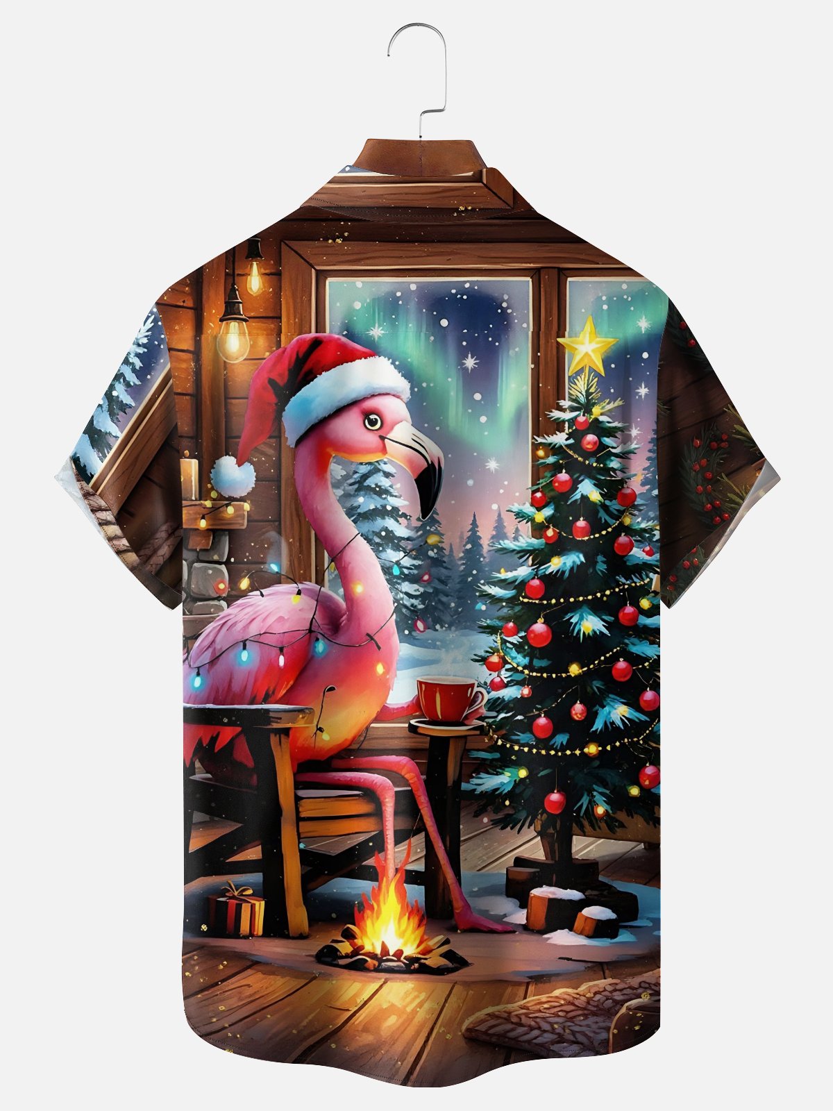 Moisture Wicking Christmas Fireplace Bonfire Flamingo Chest Pocket Hawaiian Shirt