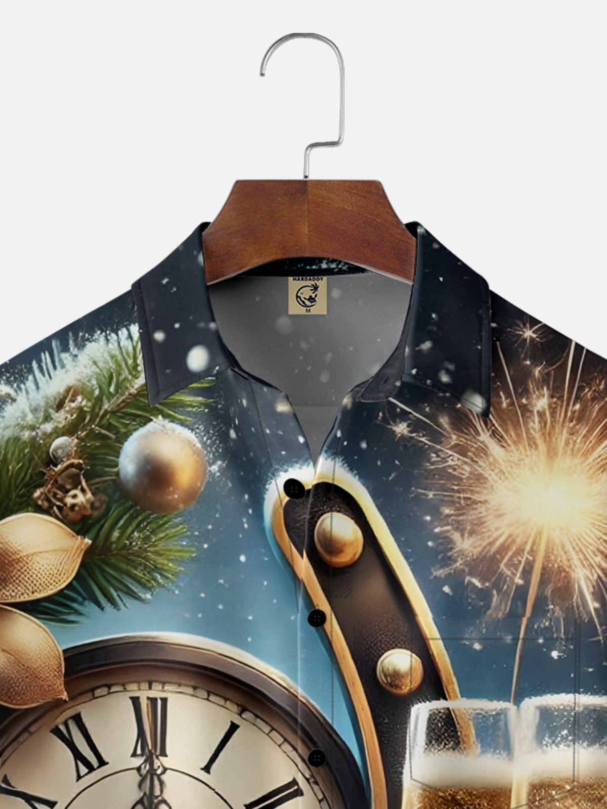Moisture Wicking Happy New Year Champagne Glass Clock Chest Pocket Holiday Shirt