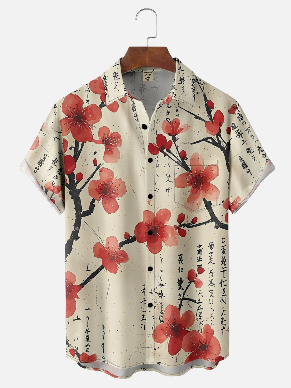 Moisture Wicking Japanese Cultural Abstract Ink Painting Cherry Blossom Chest Pocket Hawaiian Shirt