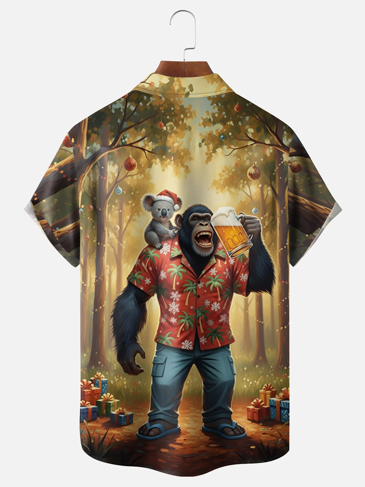 Moisture Wicking Merry Christmas Gorilla Beer Bigfoot Chest Pocket Hawaiian Shirt