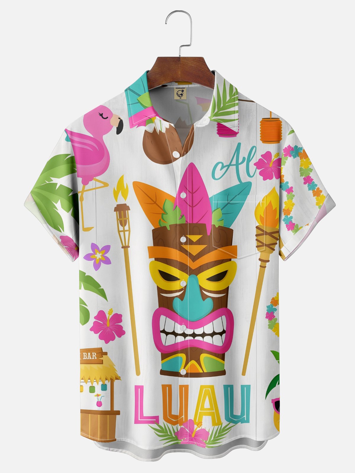 Moisture-wicking Palm Tree Tiki Chest Pocket Hawaiian Shirt