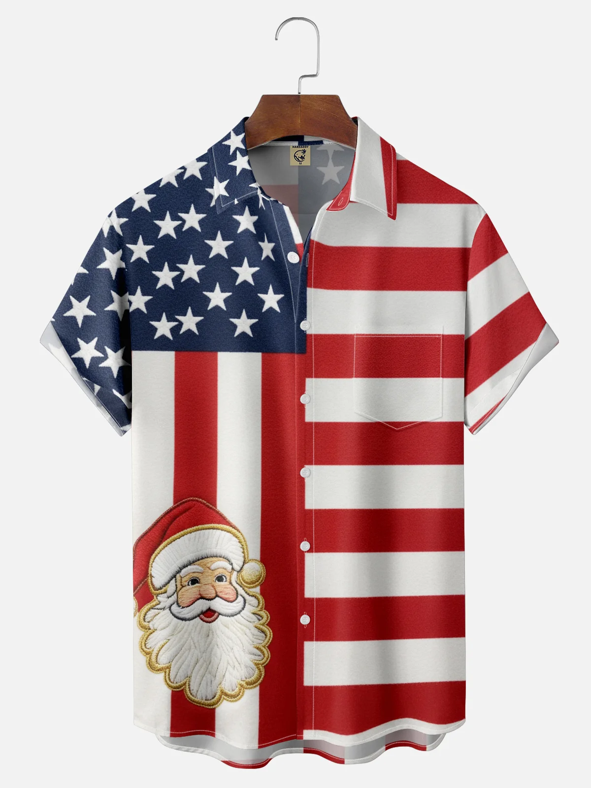 Moisture-wicking Christmas Santa Claus American Flag Chest Pocket Patriotic Holiday Shirt