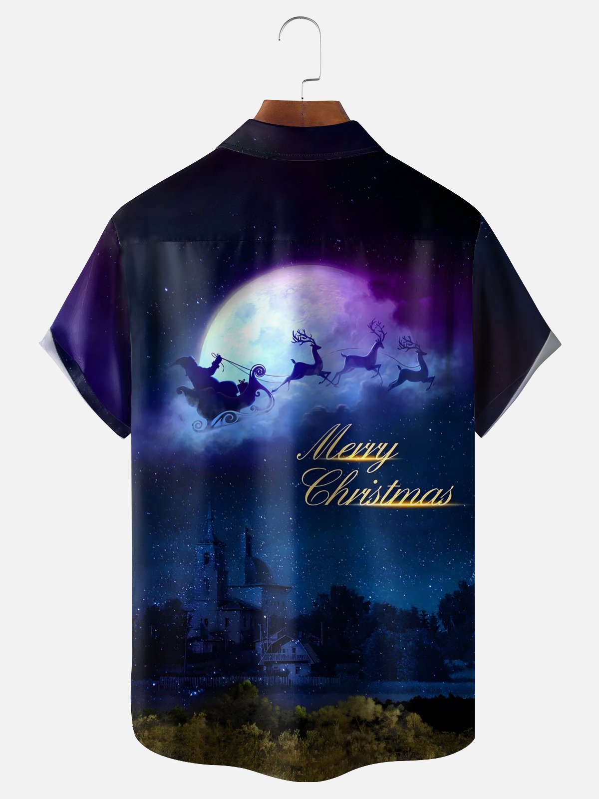 Moisture-wicking Christmas Santa Claus Moon Chest Pocket Casual Shirt