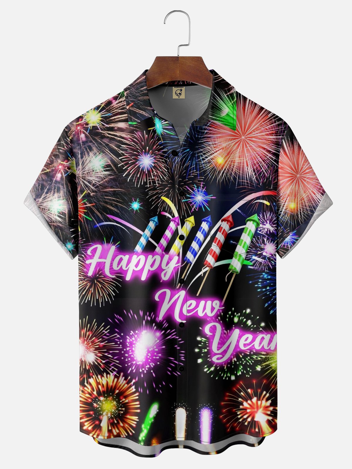 Moisture-wicking Happy New Year Fireworks Chest Pocket Casual Shirt
