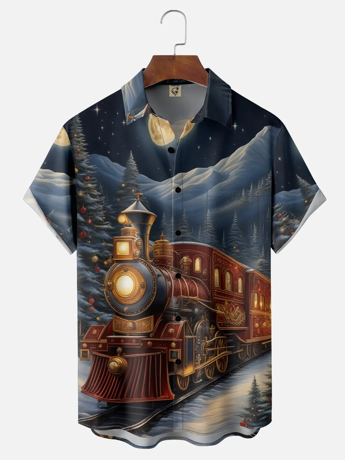 Moisture Wicking Christmas-Themed Train Chest Pocket Holiday Shirt