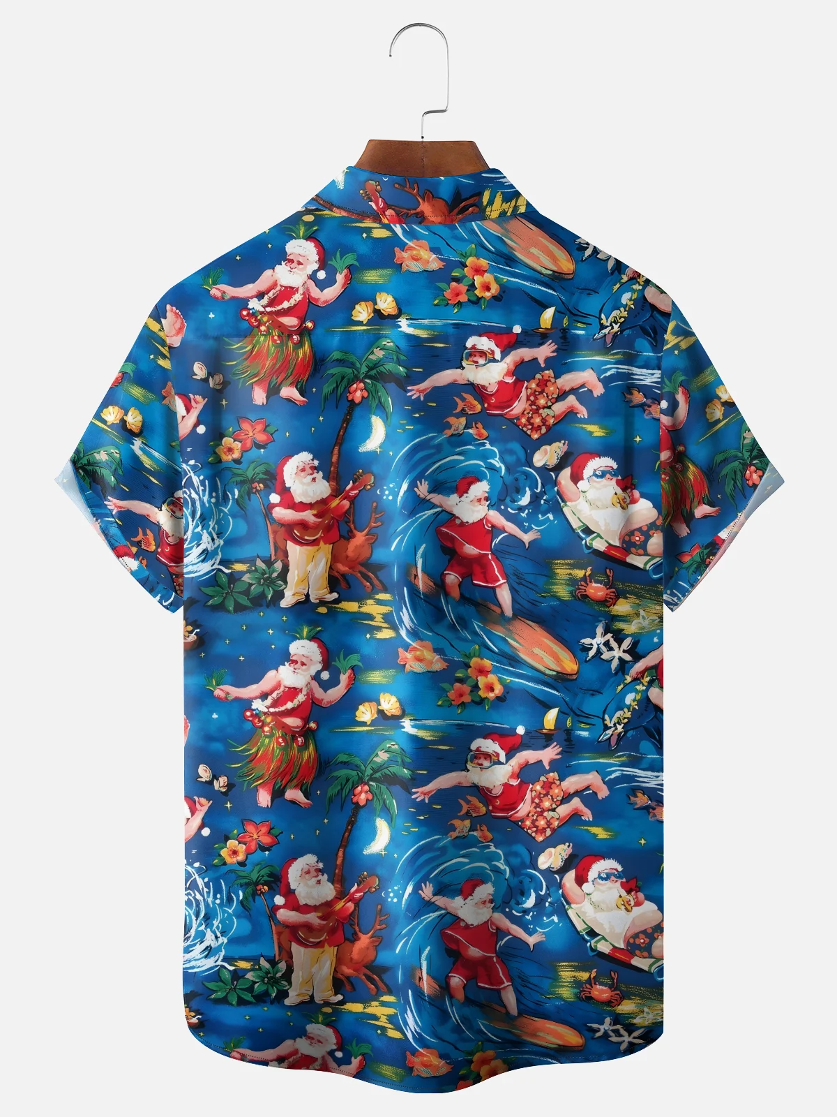 Moisture Wicking Santa Claus Surfing Guitar Coconut Tree Beach Chest Pocket Holiday Shirt