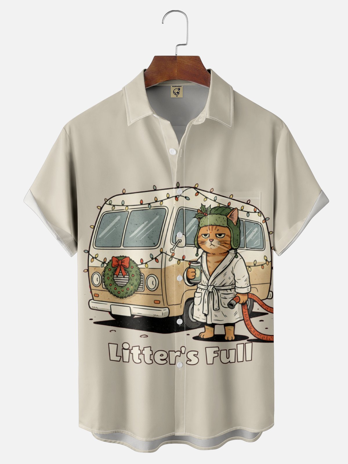 Moisture Wicking Fun Christmas Cat Chest Pocket Hawaiian Shirt