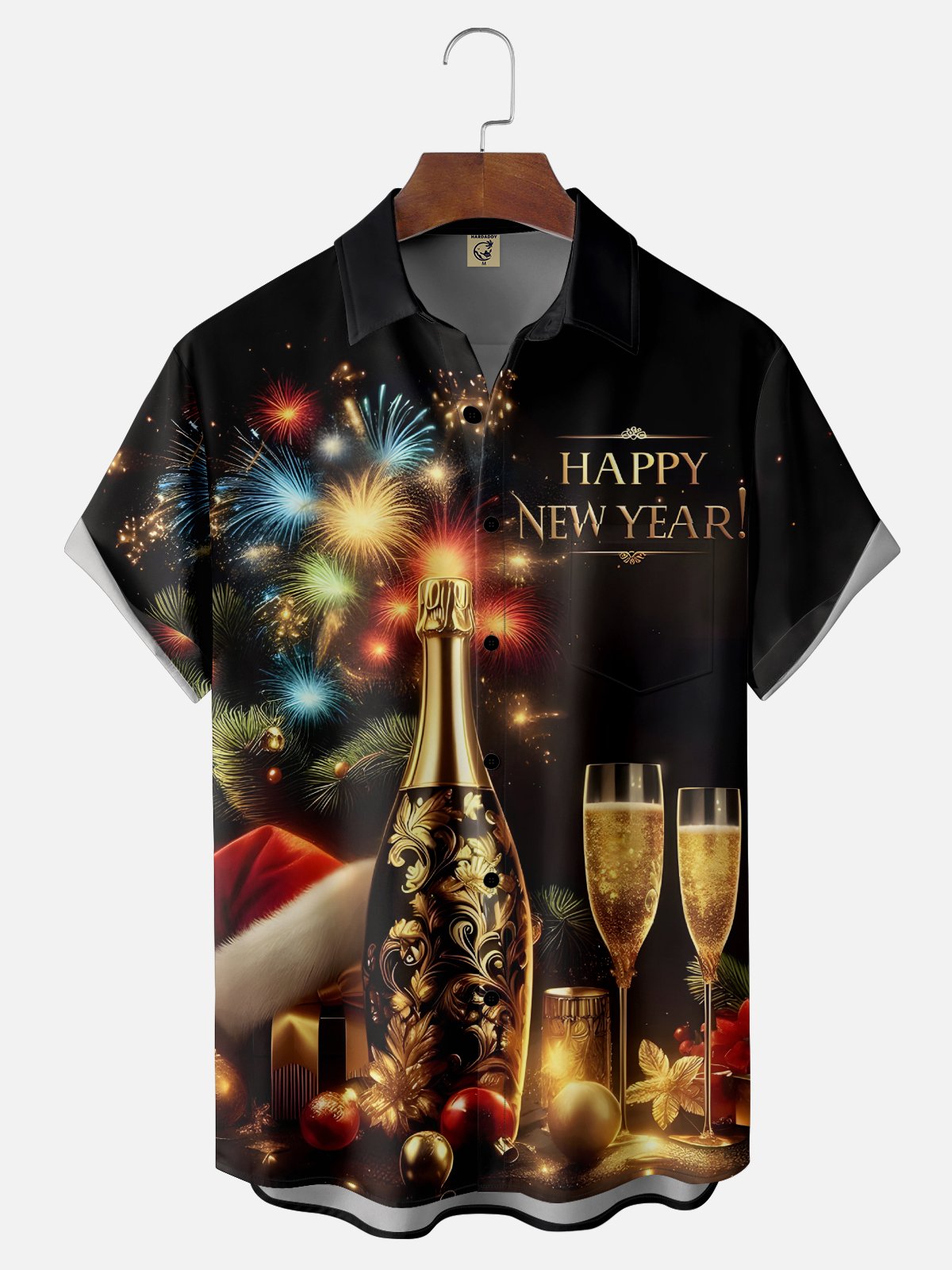 Moisture-wicking Happy New Year Fireworks Santa Hat Chest Pocket Casual Shirt