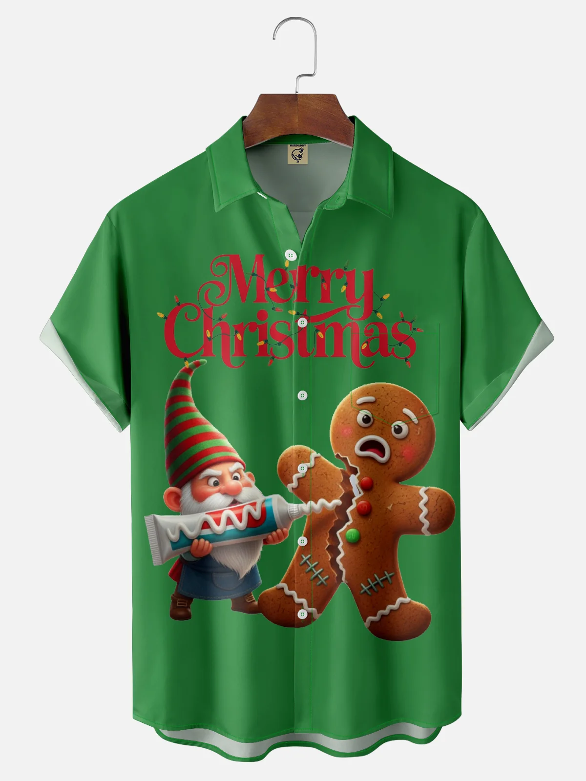Moisture Wicking Santa Gingerbread Man Chest Pocket Hawaiian Shirt