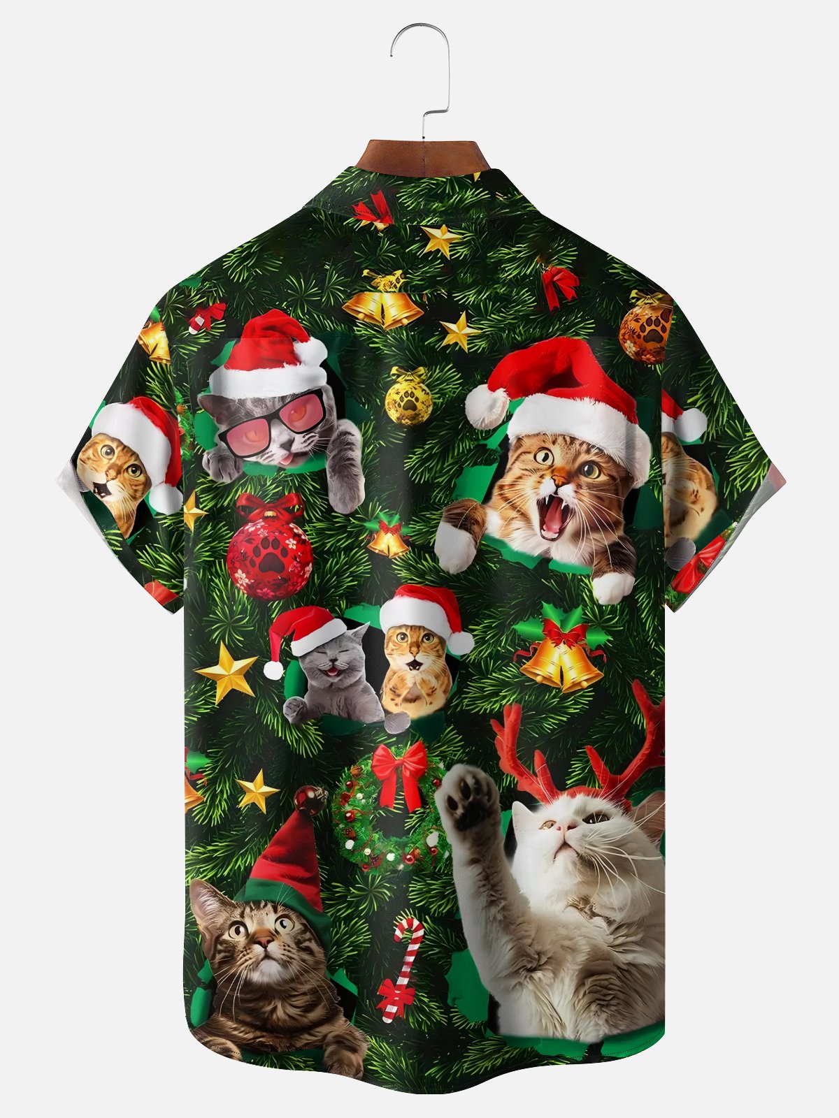 Moisture-wicking Christmas Cat Bell Candy Cane Chest Pocket Casual Shirt