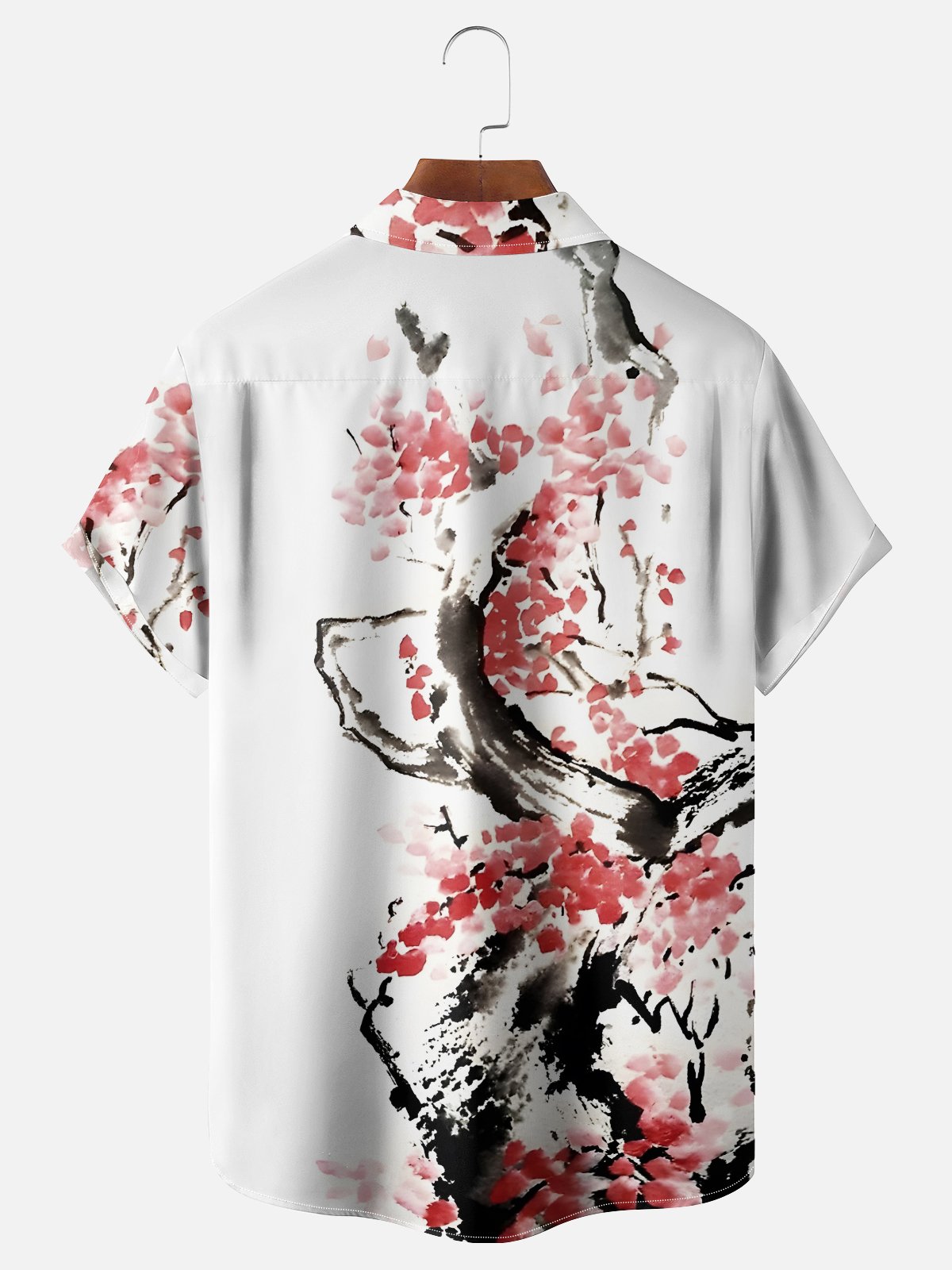 Moisture Wicking Japanese Cultural Abstract Ink Painting Cherry Blossom Chest Pocket Hawaiian Shirt