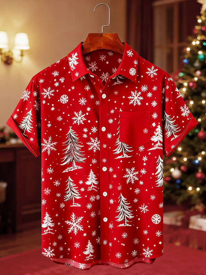 Tall Size Moisture-wicking Christmas Tree Chest Pocket Holiday Shirt