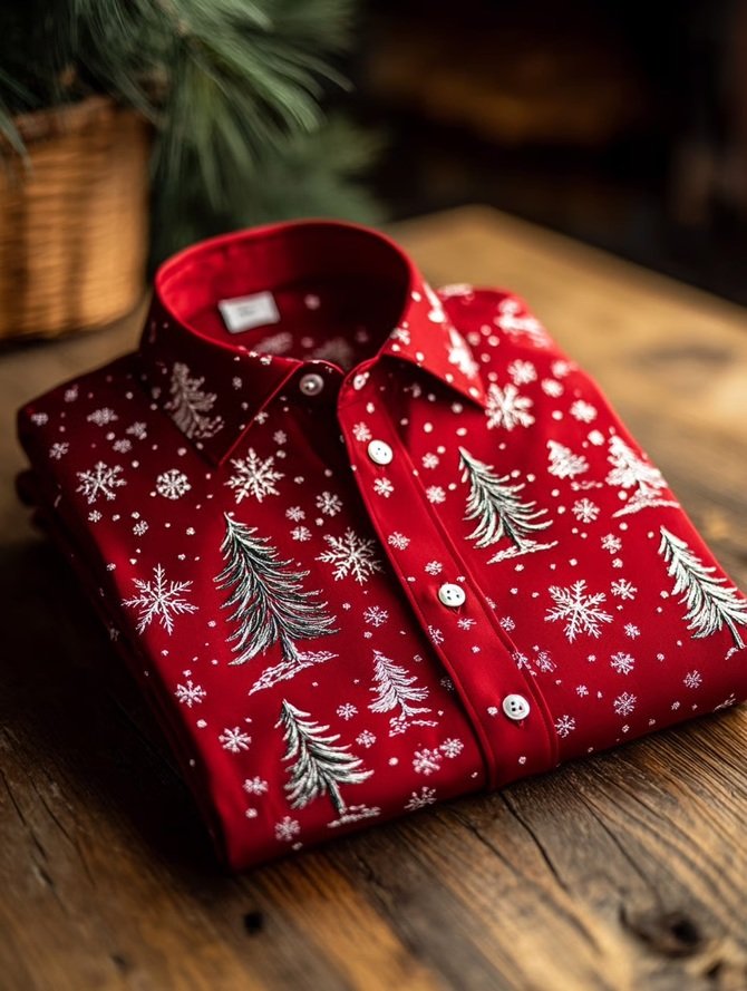 Tall Size Moisture-wicking Christmas Tree Chest Pocket Holiday Shirt