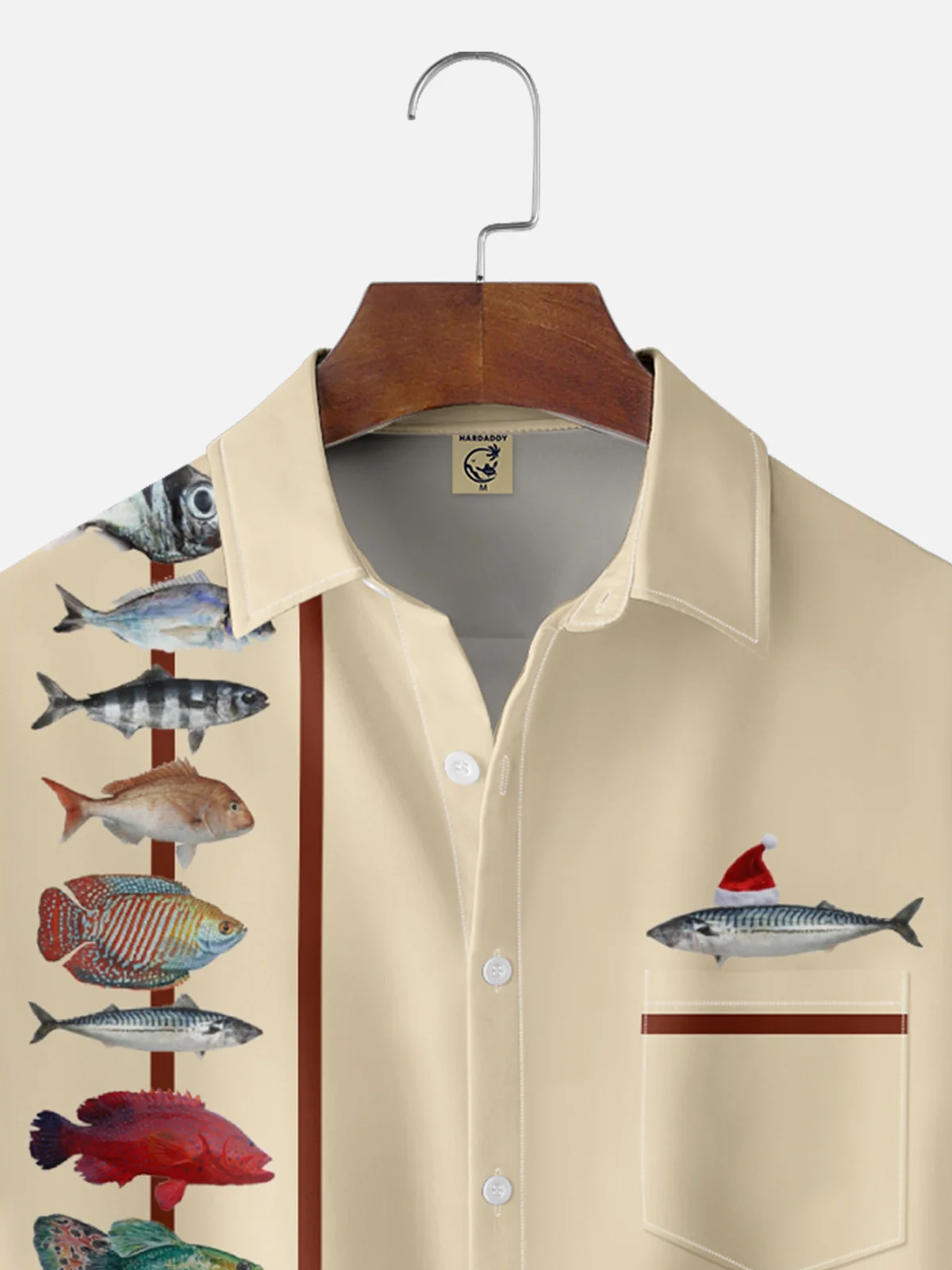 Moisture-wicking Christmas Fish Christmas Hat Chest Pocket Bowling Shirt
