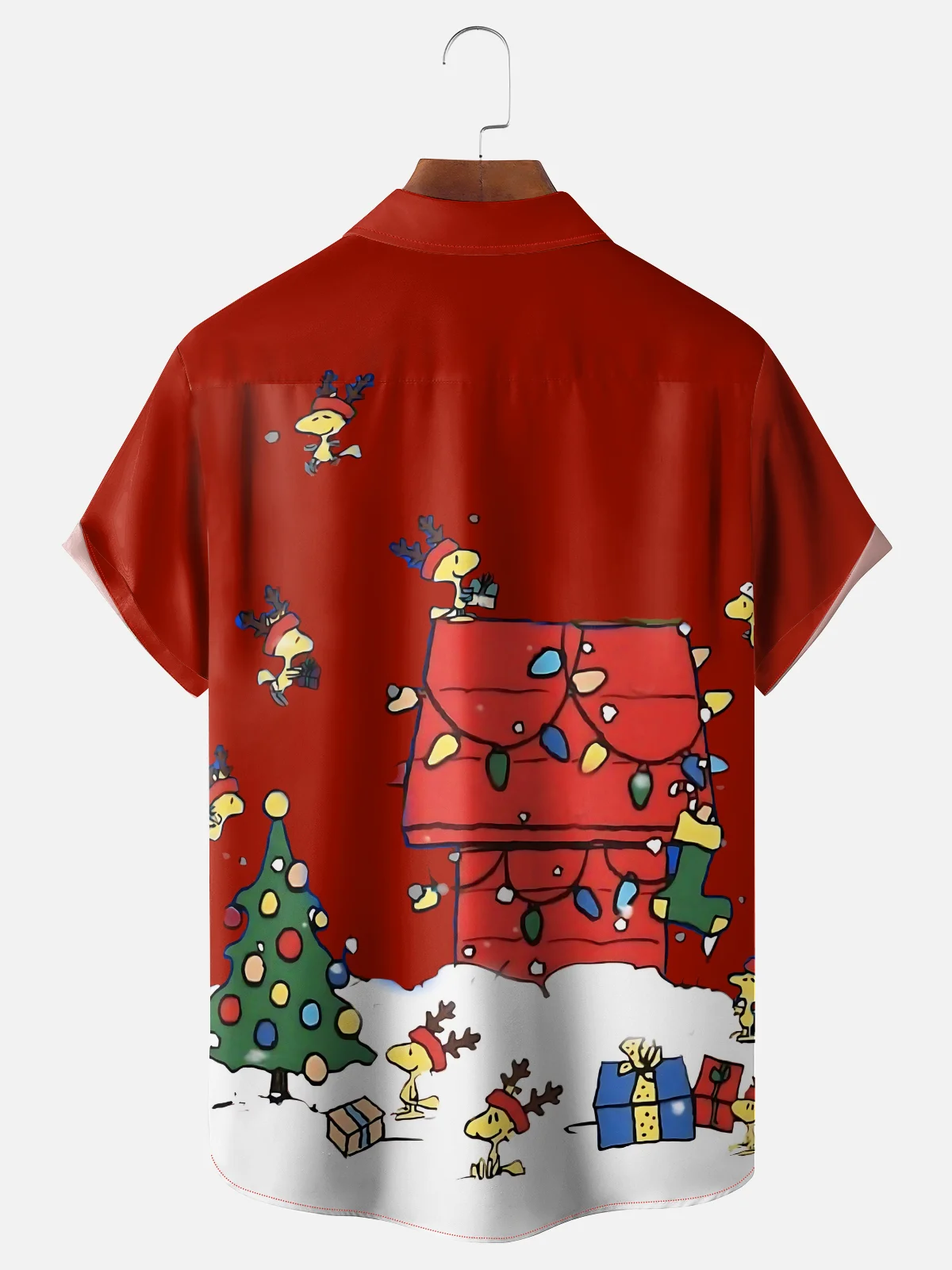 Tall Size Moisture-wicking Christmas Red House Christmas Tree Fun Chest Pocket Casual Shirt