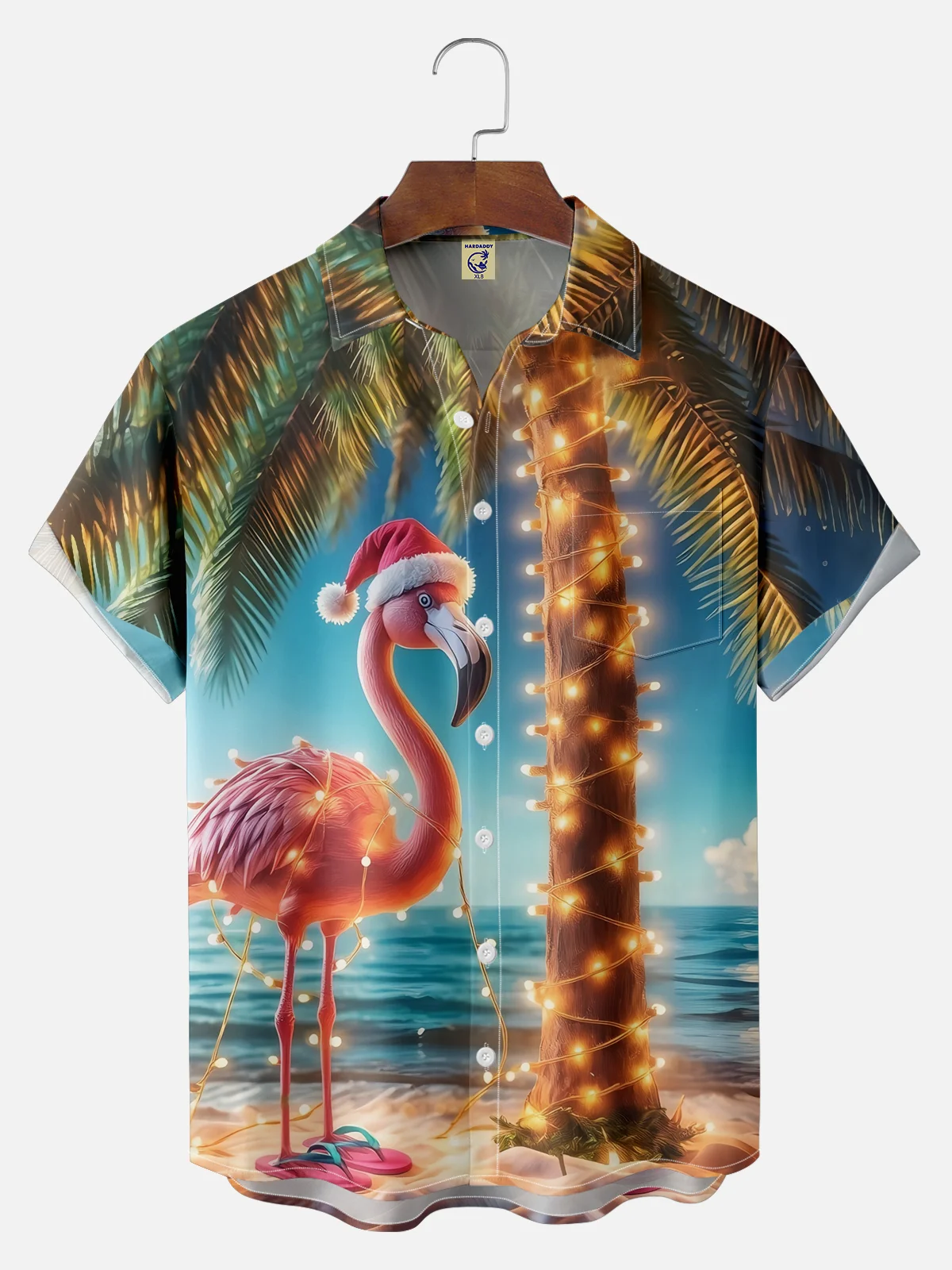 Big Size Moisture-wicking Christmas Flamingo Coconut Tree Chest Pocket Casual Shirt