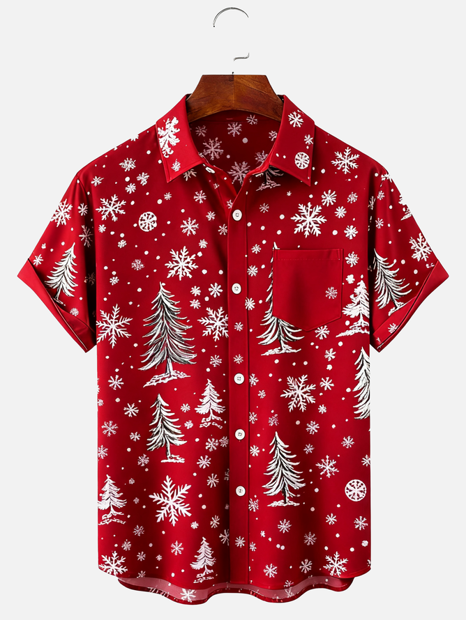 Tall Size Moisture-wicking Christmas Tree Chest Pocket Holiday Shirt