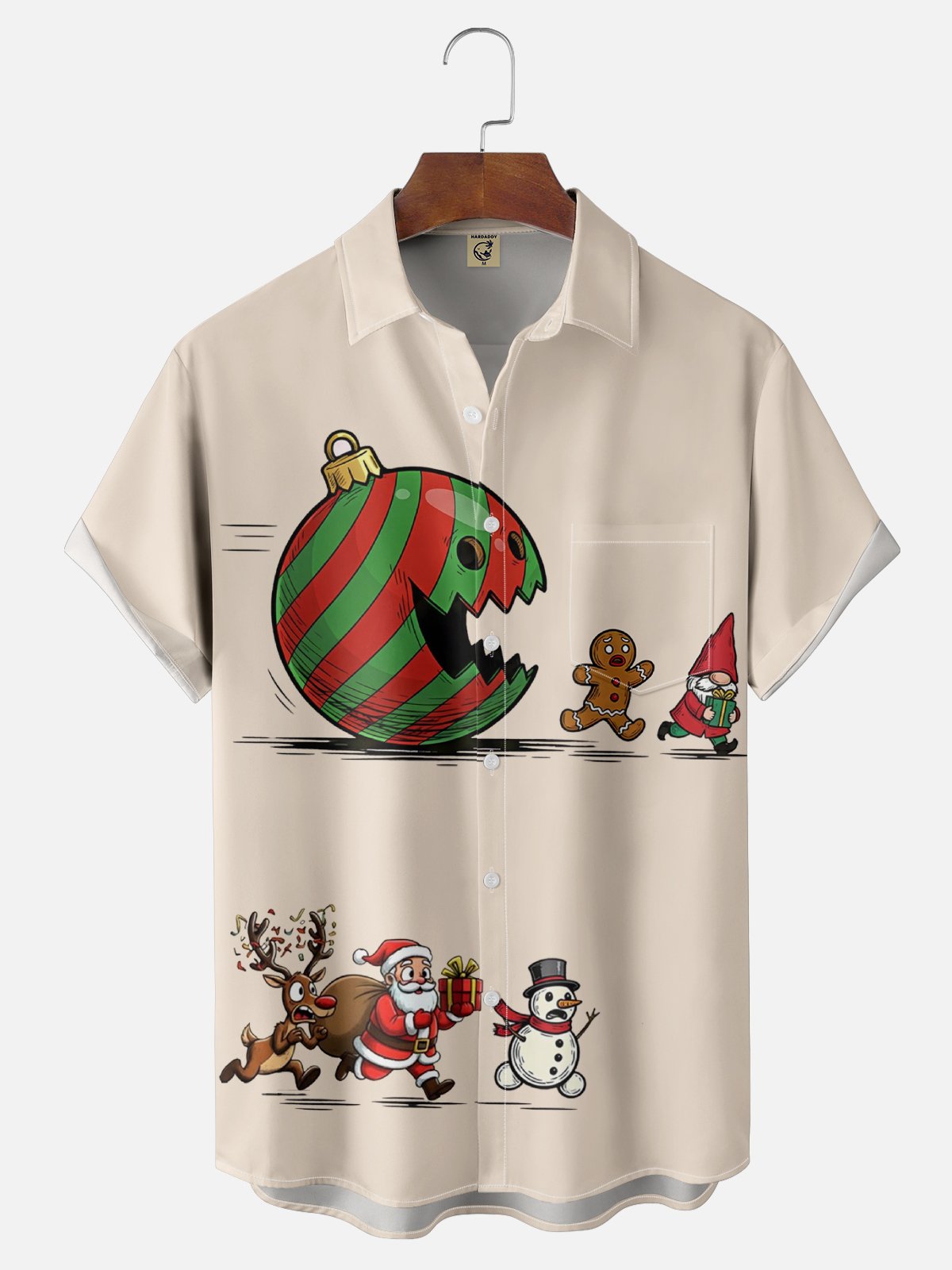 Moisture Wicking Santa Claus Gingerbread Man Snowman Chest Pocket Hawaiian Shirt
