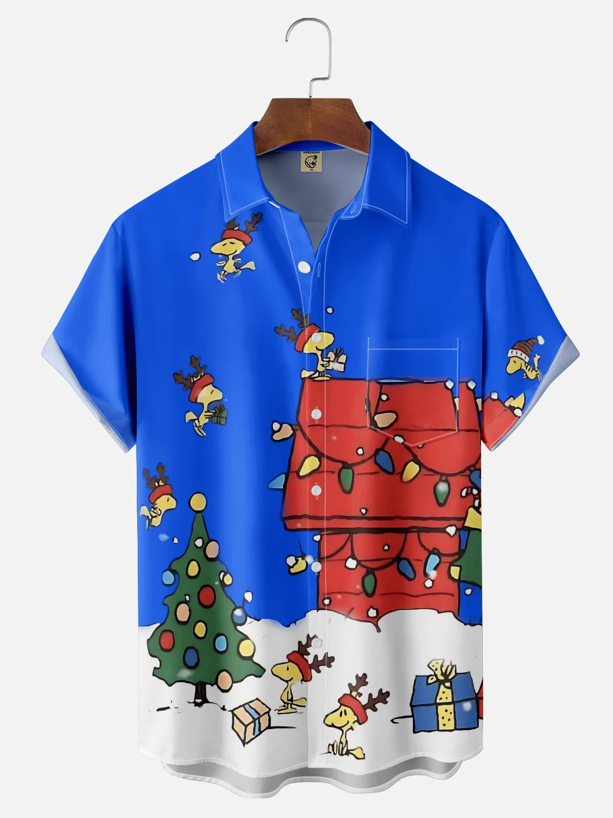Tall Size Moisture-wicking Christmas Red House Christmas Tree Fun Chest Pocket Casual Shirt