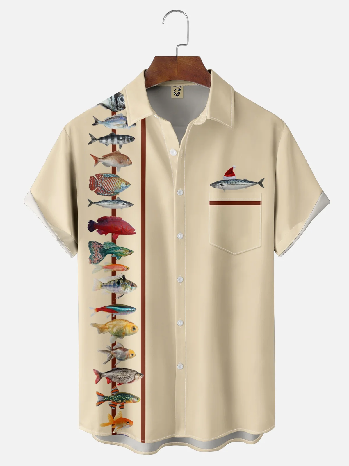 Moisture-wicking Christmas Fish Christmas Hat Chest Pocket Bowling Shirt