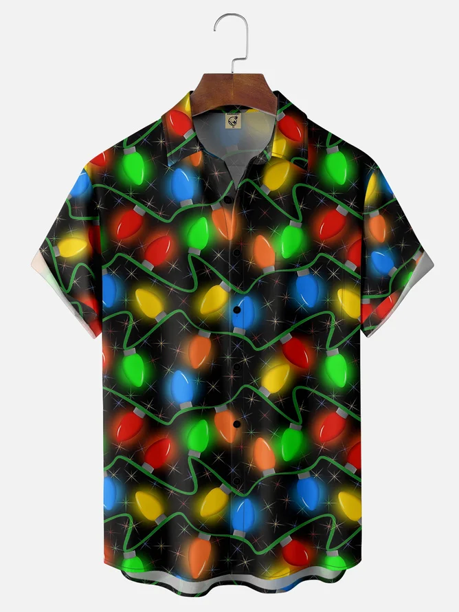 Tall Size Moisture Wicking Artistic Christmas Merry Christmas Lights Chest Pocket Hawaiian Shirt