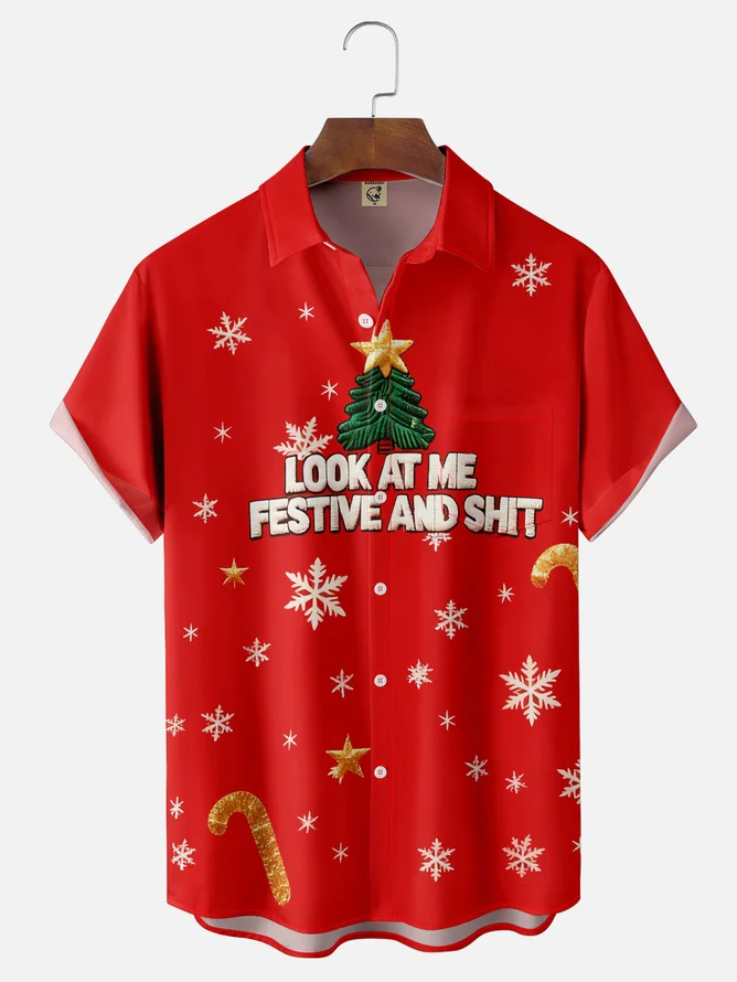 Tall Size Moisture-wicking Christmas Look At Me Festive And Shit Chest Pocket Holiday Shirt