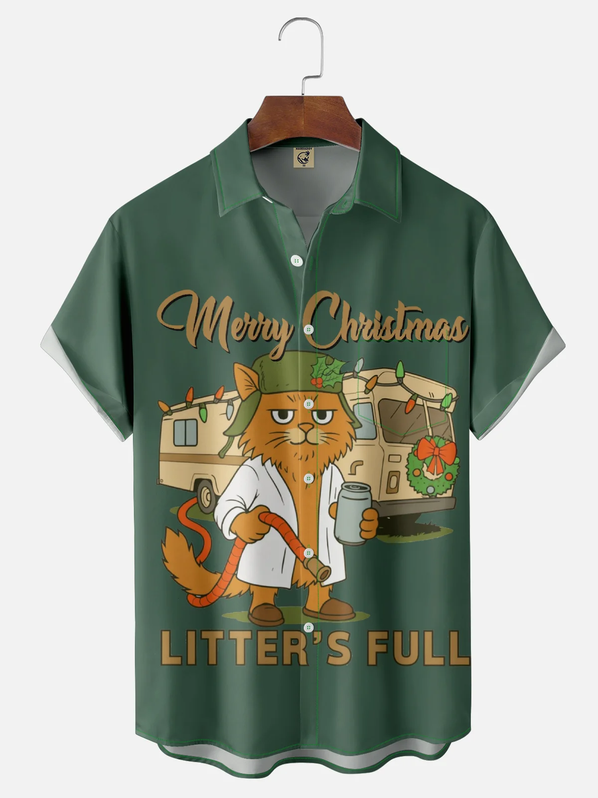 Moisture Wicking Crazy Christmas Vacation Eddie Cat Chest Pocket Hawaiian Shirt