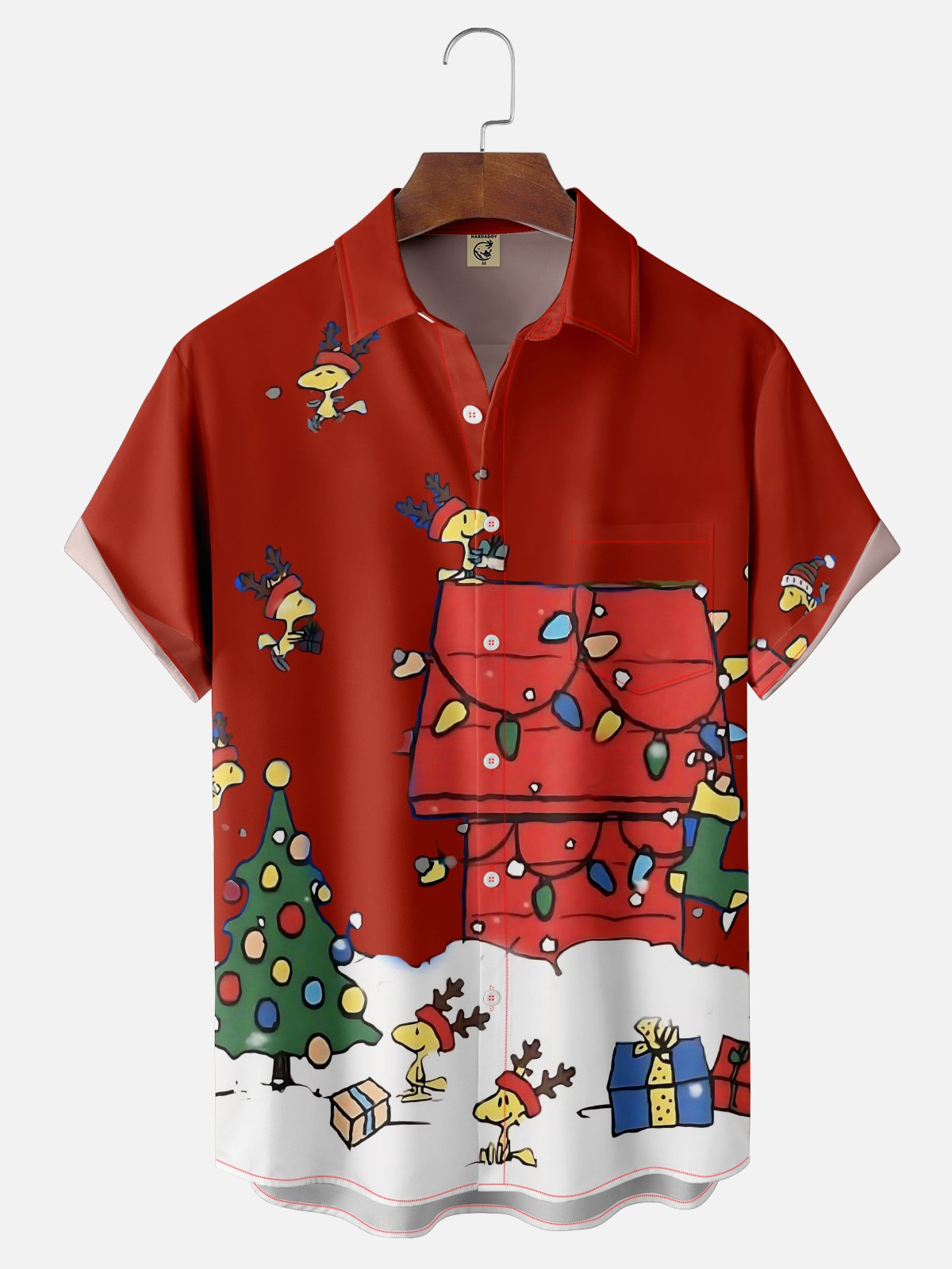 Tall Size Moisture-wicking Christmas Red House Christmas Tree Fun Chest Pocket Casual Shirt