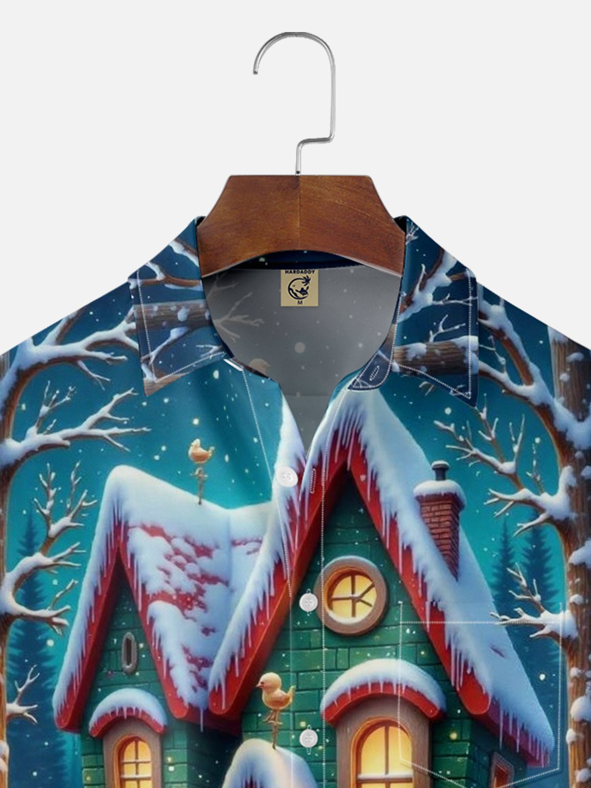 Moisture Wicking Christmas-themed House Snowman Chest Pocket Hawaiian Shirt