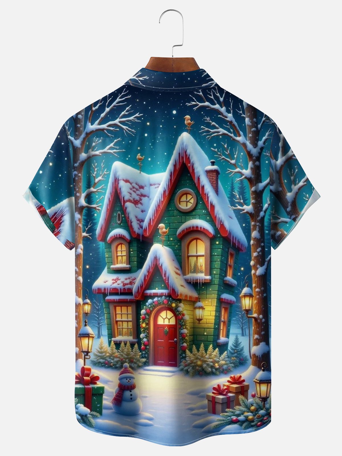 Moisture Wicking Christmas-themed House Snowman Chest Pocket Hawaiian Shirt