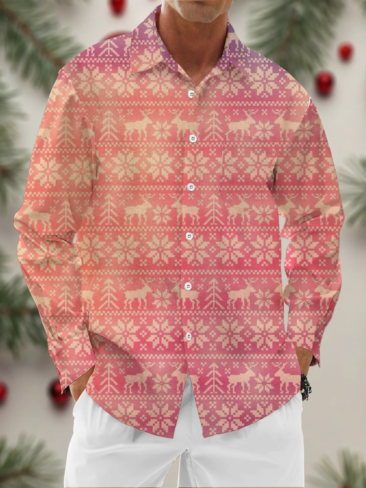 Moisture Wicking Geometric Striped Snowflake Reindeer Christmas Chest Pocket Long Sleeve Shirt