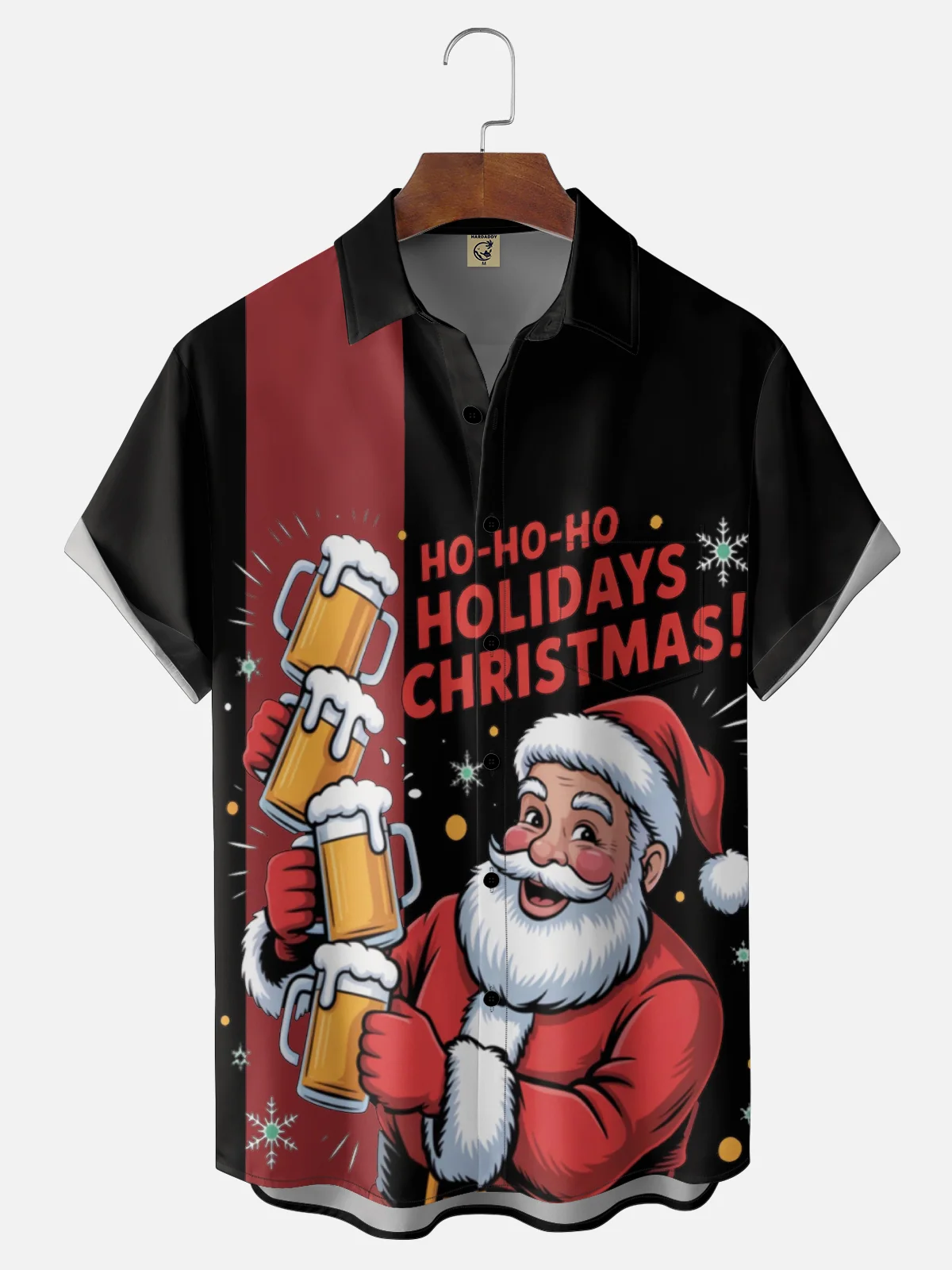 Moisture Wicking Christmas Beer Santa Claus Chest Pocket Bowling Holiday Shirt
