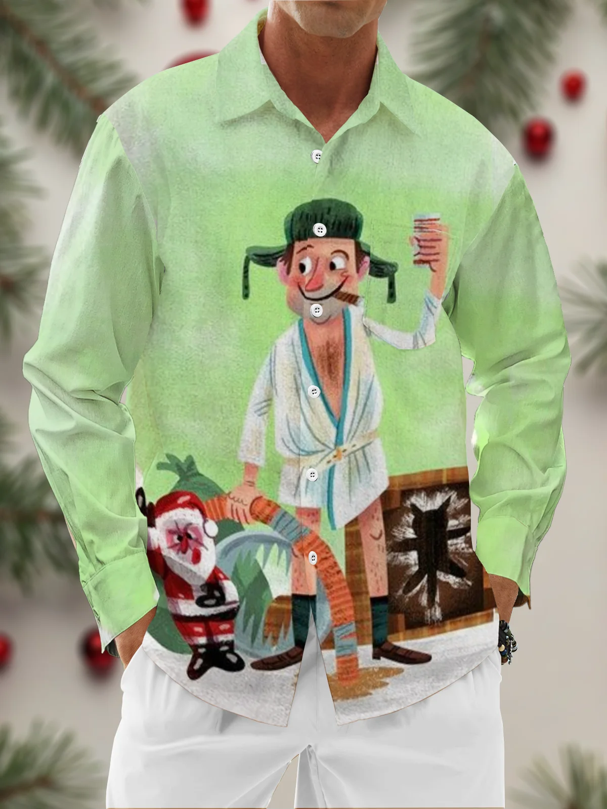 Moisture Wicking Christmas Story Eddie Chest Pocket Hawaiian Long Sleeve Shirt