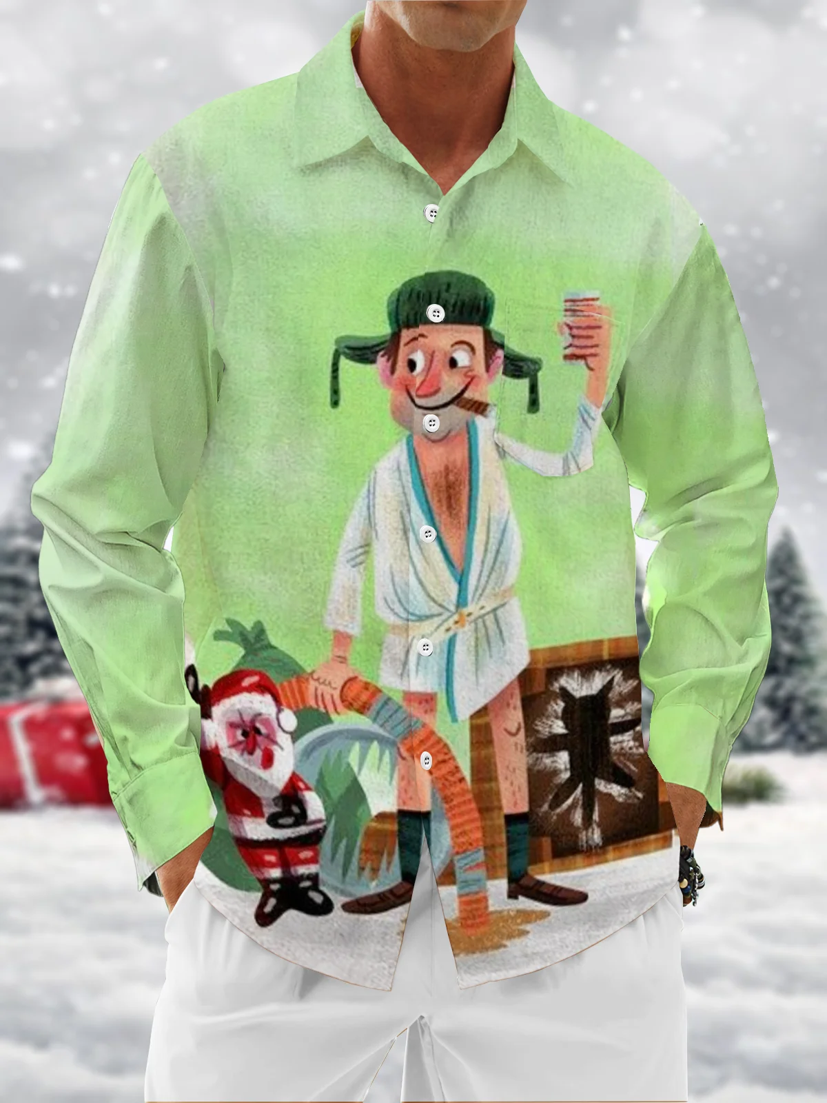 Moisture Wicking Christmas Story Eddie Chest Pocket Hawaiian Long Sleeve Shirt