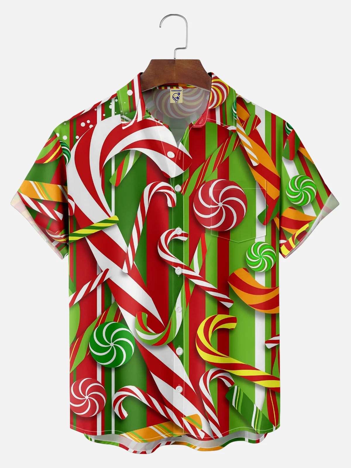Big Size Moisture-wicking Christmas Candy Canes Pocket Casual Shirt